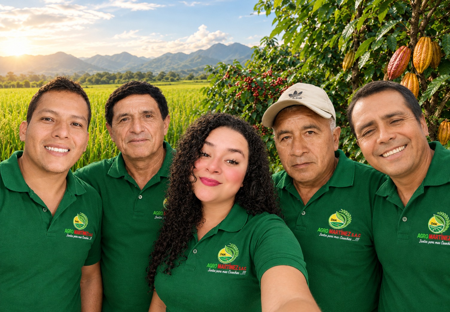 Equipo AgroMartínez con uniforme verde frente a cultivos de arroz, café y cacao